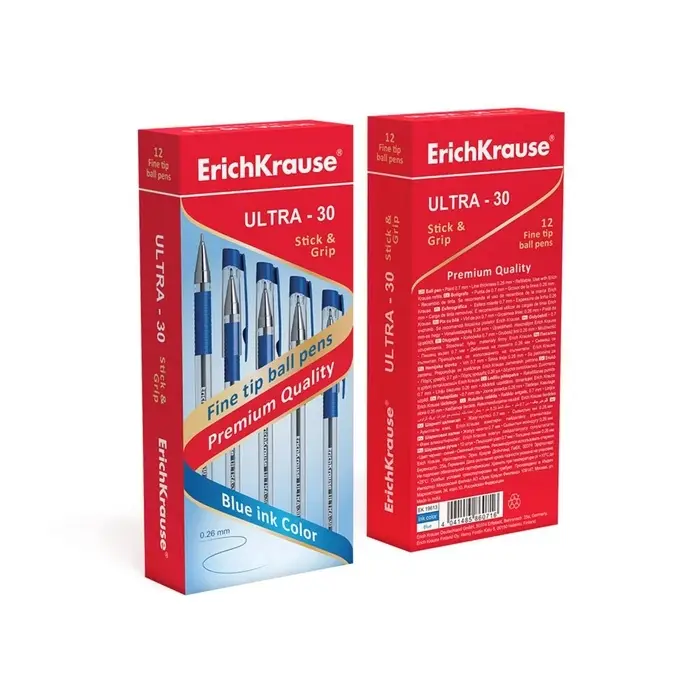 Ручка шариковая ErichKrause. ULTRA-30, синий стержень, игольчатый узел 0.7 мм, резиновый упор