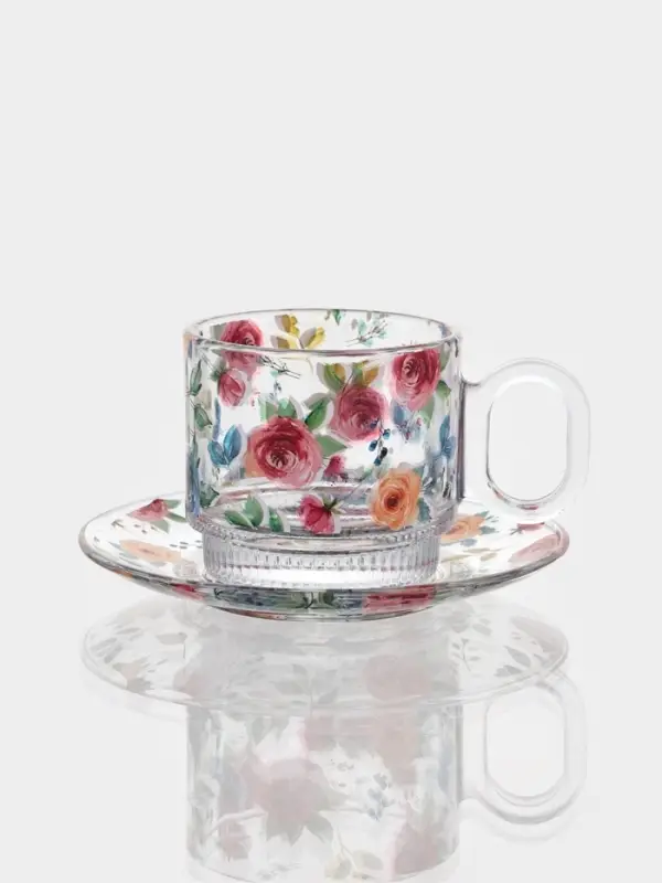 Чайный набор &laquo;Убранство&raquo;, 12 предметов: 6 чашек 200 мл, 6 блюдец, с рисунком, стекло, прозрачный