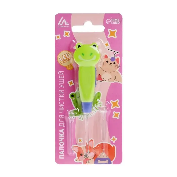 Палочка для чистки ушей LES-02, LED-подсветка, 3 насадки, от батареек, лягушка Палочка для чистки ушей LES-02, LED-подсветка, 3 насадки, от батареек, лягушка