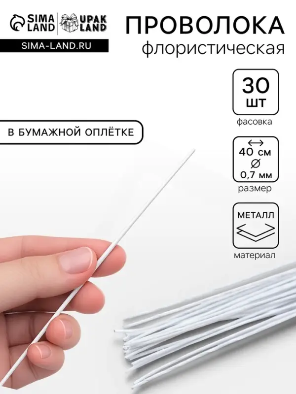 Флористическая проволока в бумажной оплётке &laquo;Белая&raquo;, длина 40 см, 0.7 мм, набор 30 шт.
