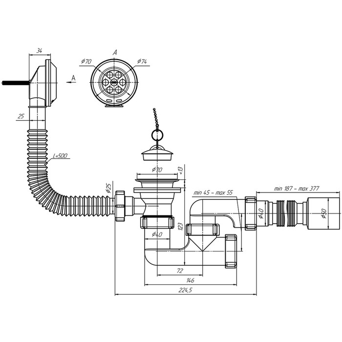 Сифон для ванны  Сифон для ванны "АНИ Пласт" E255, регулируемый с выпуском, перелив 1 1/2", гибкая труба