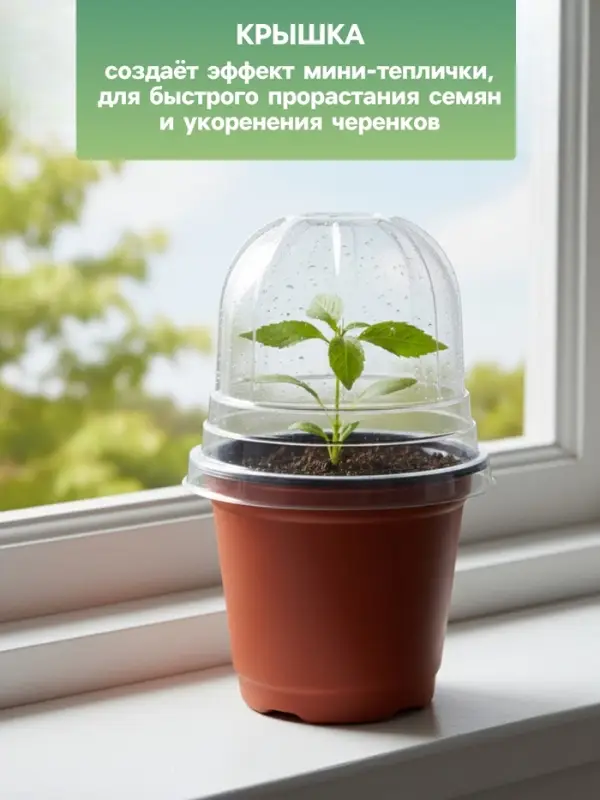 Горшок для рассады, с крышкой, 300 мл, d=9.5 см, h=8 см, мягкий пластик, терракот, Greengo