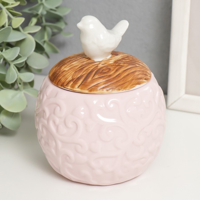 Шкатулка керамика круглая Шкатулка керамика круглая "Белая птичка" розовый 9х9х12,5 см