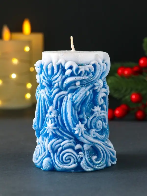 Свеча новогодняя столбик  Свеча новогодняя столбик "Резная" синий