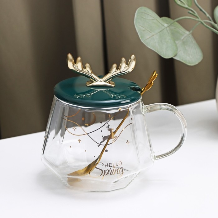Кружка стеклянная с керамической крышкой и ложкой «Бэмби», 350 мл, рисунок МИКС Кружка стеклянная с керамической крышкой и ложкой «Бэмби», 350 мл, рисунок МИКС