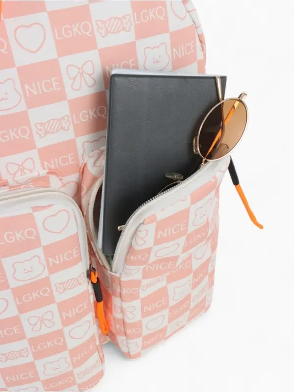 Рюкзак школьный на молнии, с карманами, в клетку, размер 30&times;14&times;43 см, розовый