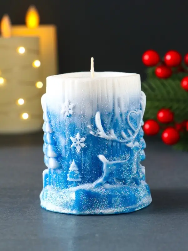 Свеча новогодняя столбик  Свеча новогодняя столбик "Сказочный лес" 75х85 мм, синий