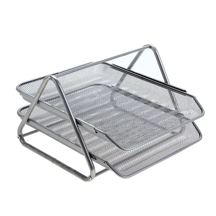 Лоток для бумаг горизонтальный, металлическая сетка, 2 отделения, серый