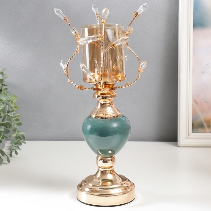 Подсвечник металл на 1 свечу Подсвечник металл на 1 свечу "Веточки с кристаллами. Сине-зелёный шар" золото 34х17х17 см