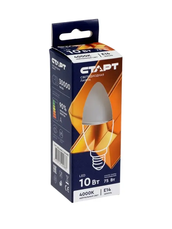 Лампа светодиодная СТАРТ, 10 Вт, Е14, С37, 4000К, 800 Лм, свечение нейтральное белое