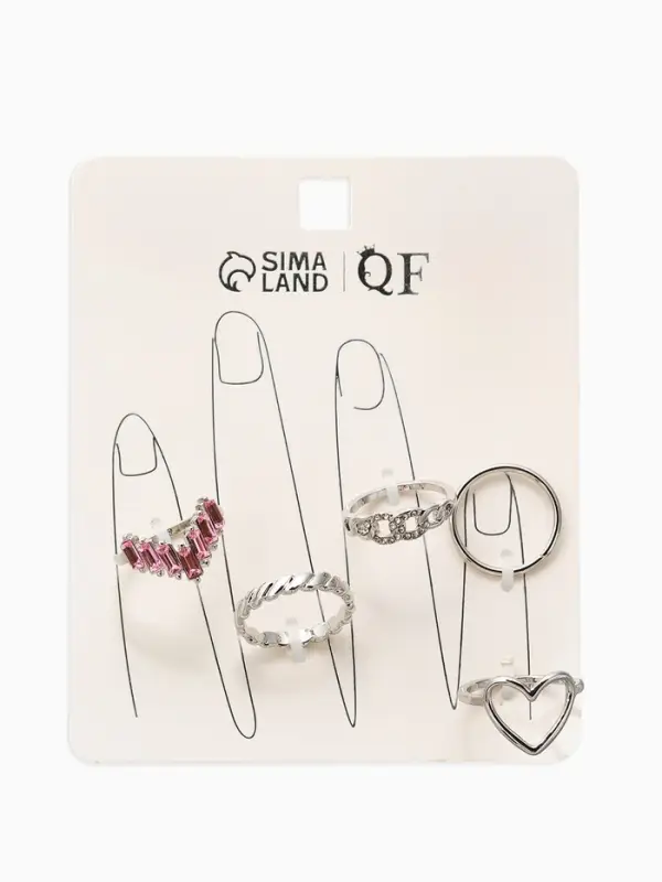 Набор колец 5 шт "Новый стиль" сердца,бесконечность, р-р МИКС, цвет бело-розовый в серебре   1093709