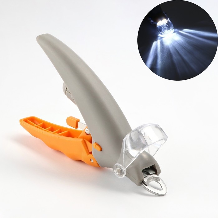 Когтерез для животных, с LED фонарём и контейнером для когтей, на батарейках, серо-желтый Когтерез для животных, с LED фонарём и контейнером для когтей, на батарейках, серо-желтый