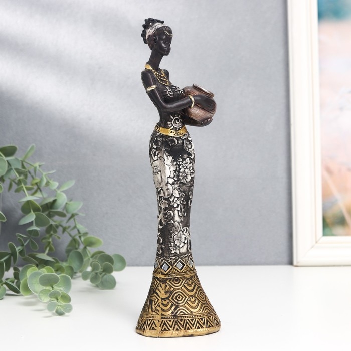 Сувенир полистоун  Сувенир полистоун "Африканка с кувшином, в платье с серебристыми цветами" МИКС 25,5х7х5 см