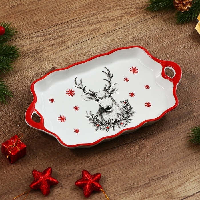 Новый год! Блюдо новогоднее керамическое «Снежный олень», 23х13х2.5 см, цвет белый