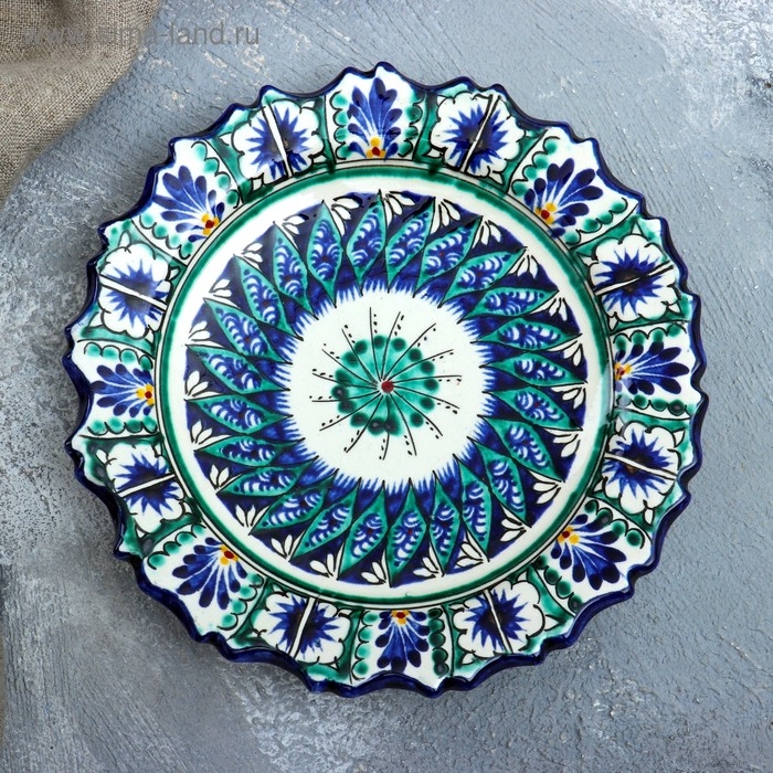 Тарелка Риштанская Керамика Тарелка Риштанская Керамика "Цветы", синяя, рельефная, 17см