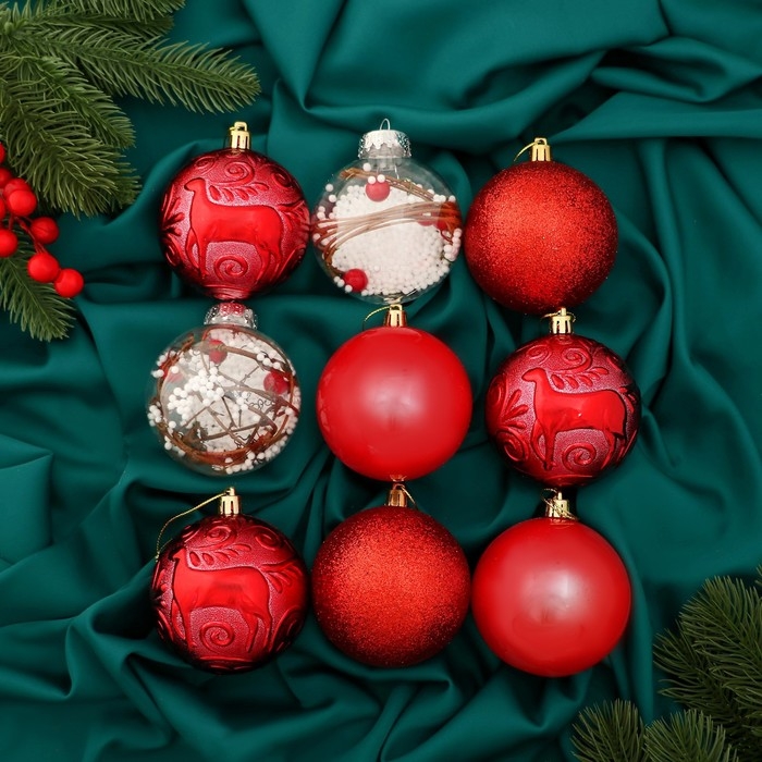 Набор шаров пластик d-8 см, 9 шт Набор шаров пластик d-8 см, 9 шт "Мелодия" веточки глянец, красный