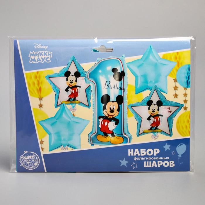 Букет из шаров фольгированных  Букет из шаров фольгированных "Happy Birthday", набор 5 шт, Микки Маус, 4 звезды, единичка