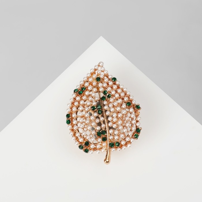 Брошь «Лист» жемчужная сторона, цвет бело-зелёный в золоте Брошь «Лист» жемчужная сторона, цвет бело-зелёный в золоте