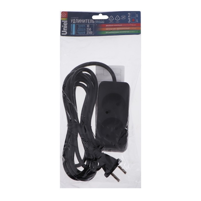 Удлинитель Uniel Standart, 2 розетки, 3 м, 10 А, 2500 Вт, без з/к, черный Удлинитель Uniel Standart, 2 розетки, 3 м, 10 А, 2500 Вт, без з/к, черный