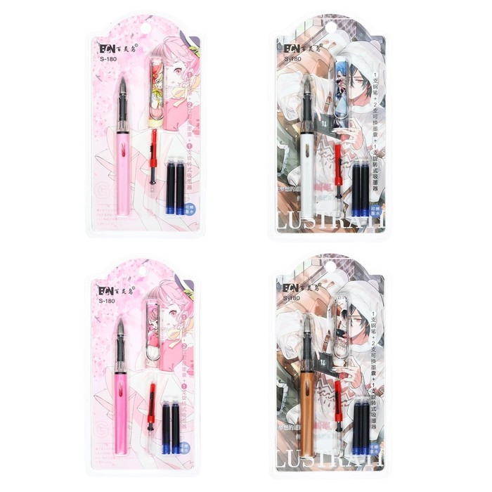 Ручка перьевая + 2 картриджа синих + поршень, на блистере,  Ручка перьевая + 2 картриджа синих + поршень, на блистере, "Аниме", МИКС