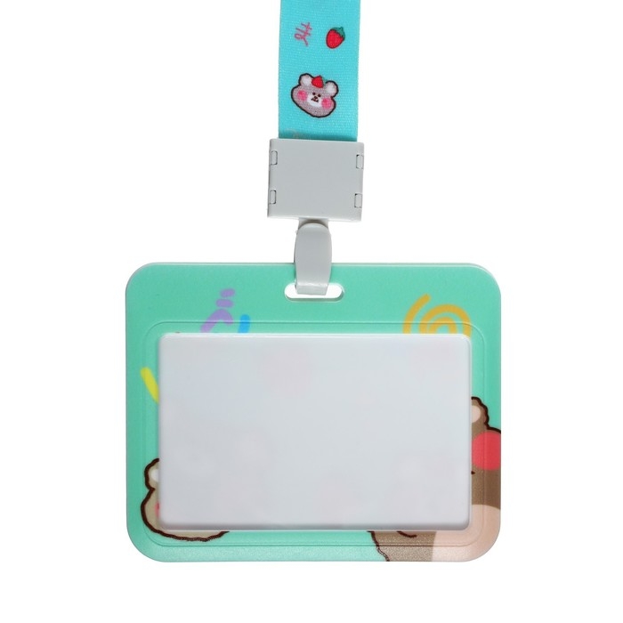 Бейдж горизонтальный, внешний размер 10 х 7,8 см, внутренний размер 5,2 х 8,2 см, лента 42 см, с рисунком "Мишки"