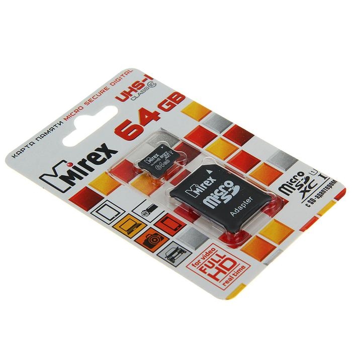 Карта памяти Mirex microSD, 64 Гб, SDXC, UHS-I, класс 10, с адаптером SD Карта памяти Mirex microSD, 64 Гб, SDXC, UHS-I, класс 10, с адаптером SD