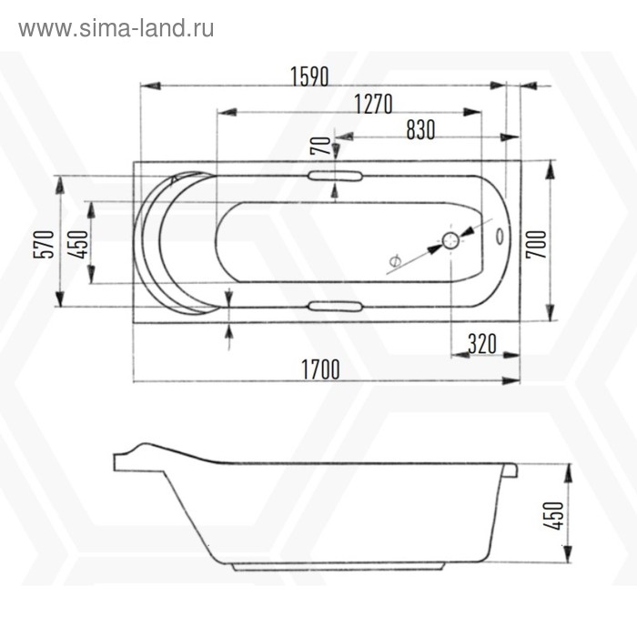 Ванна акриловая Eurolux MIAMIKA, 170x70x40 см, без каркаса и панели Ванна акриловая Eurolux MIAMIKA, 170x70x40 см, без каркаса и панели