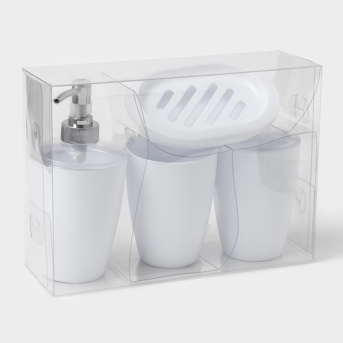 Набор для ванной «Эталон», 4 предмета: дозатор для мыла, мыльница, 2 стакана, 24×8×17 см, цвет белый Набор для ванной «Эталон», 4 предмета: дозатор для мыла, мыльница, 2 стакана, 24×8×17 см, цвет белый