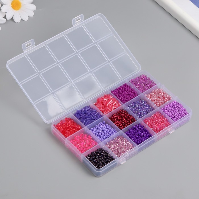 Бисер стекло 6/0, 8/0, 12/0 в шкатулке  Бисер стекло 6/0, 8/0, 12/0 в шкатулке "Фиолетовый" стеклярус 15,5х9,5х1,6 см