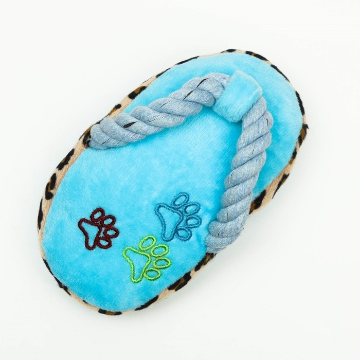 Игрушка мягкая для собак Игрушка мягкая для собак "Тапок с канатом", с пищалкой, 15 см, голубая
