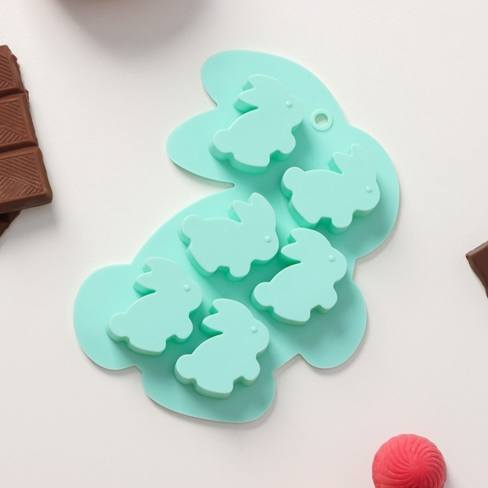 Форма для конфет и шоколада Доляна «Заяц», силикон, 15×11,5 см, 6 ячеек (3,8×3,5 см), цвет мятный Форма для конфет и шоколада Доляна «Заяц», силикон, 15×11,5 см, 6 ячеек (3,8×3,5 см), цвет мятный