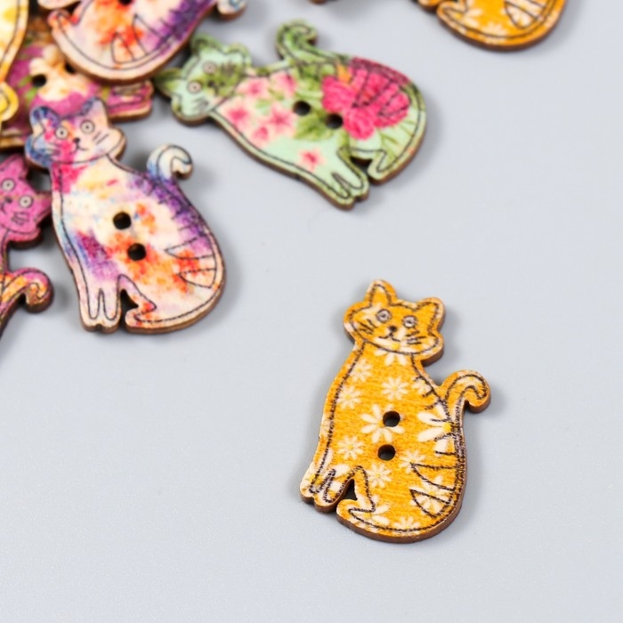 Пуговицы декоративные дерево 2 прокола Пуговицы декоративные дерево 2 прокола "Яркие кошечки" набор 20 шт 3х1,8 см