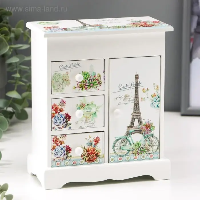 Шкатулка дерево  Шкатулка дерево "Велосипед с цветами у Эйфелевой башни" 18,5х16х8 см
