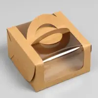 Коробка под бенто-торт с окном, крафт, 14&times;14&times;8 см