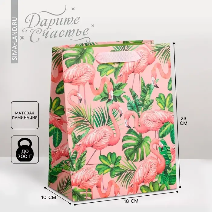 Пакет подарочный ламинированный, упаковка, «Тропики и фламинго», MS 18 х 23 х 10 см