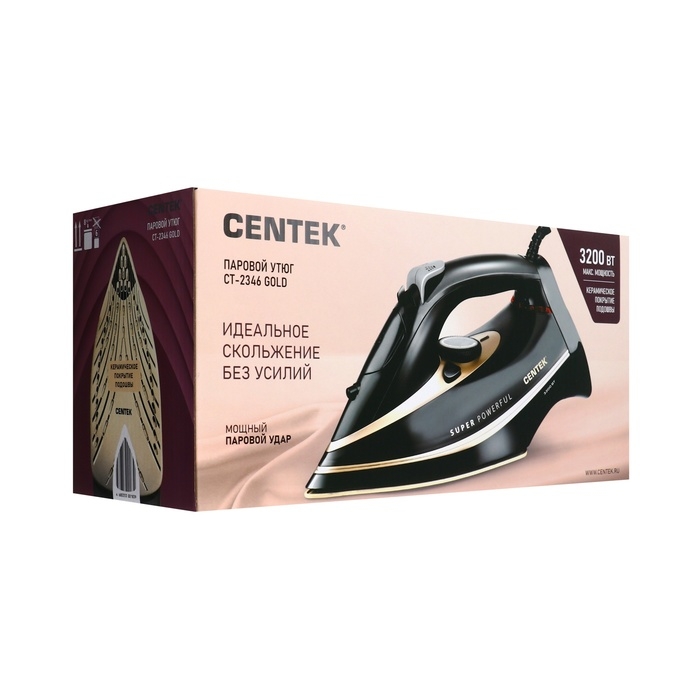 Утюг Centek CT-2346, 3200 Вт, керамика, 380 мл, капля-стоп, пар. удар, черно-золотистый