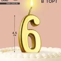 Свеча в торт на шпажке &laquo;Цифра 6&raquo;, золотая, 4.5&times;2.5 см