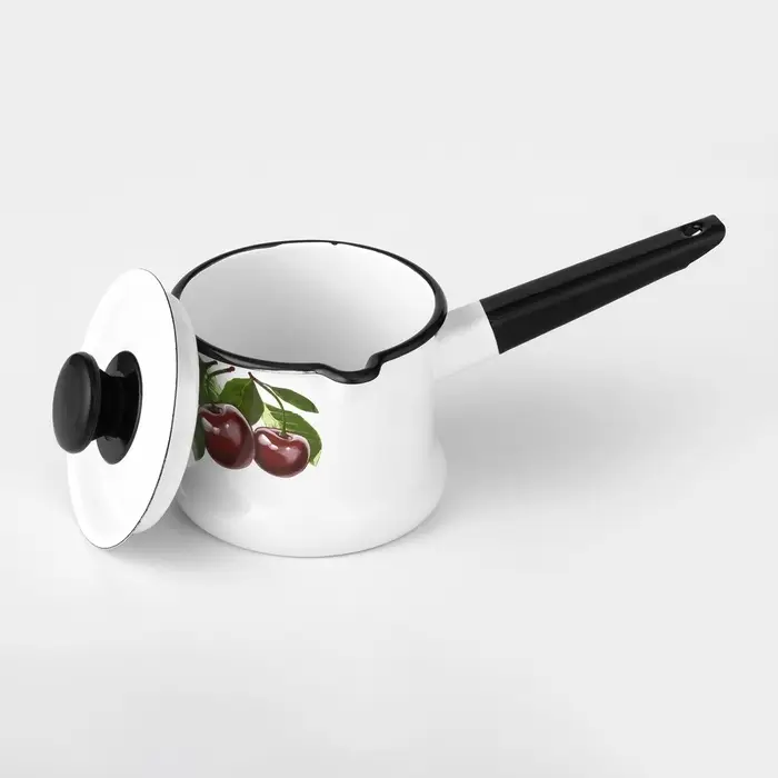 Ковш эмалированный &laquo;Вишнёвый сад&raquo;, 1 л, с крышкой, металлическая ручка, белый