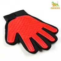 Перчатка-щётка для шерсти, на правую руку, с удлинёнными зубчиками, красная