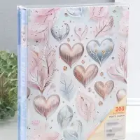 Фотоальбом на 200 фото 13х18 см "Сердца и листья" серо-розовый, в коробке 5,5х23,5х29,5 см   1096272
