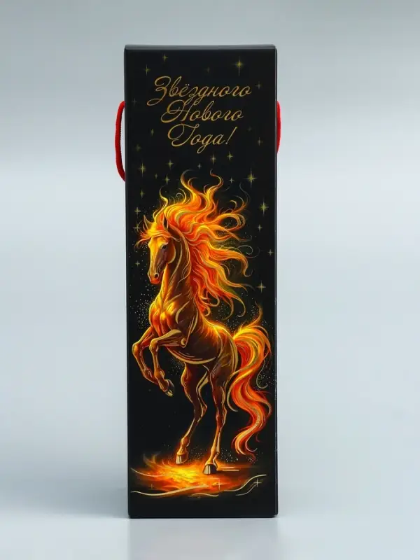 Подарочная новогодняя коробка под шампанское «Огненная» с веревочной ручкой 11×11×37 см Подарочная новогодняя коробка под шампанское «Огненная» с веревочной ручкой 11×11×37 см