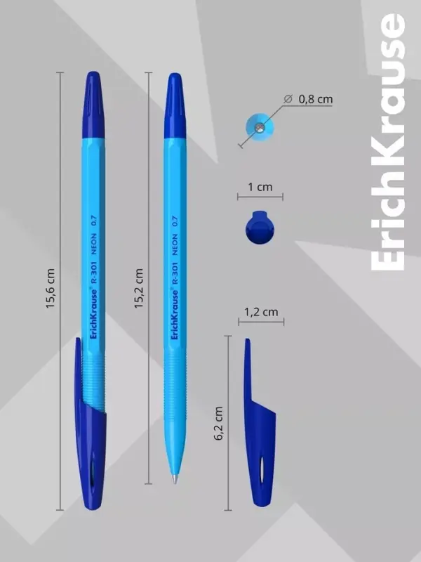 Ручка шариковая ErichKrause R=301 Neon Stick, узел 1 мм, синяя, МИКС