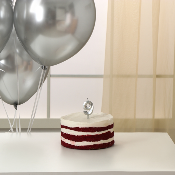 Свечи для торта + 5 шаров, цифра 9, серебро Свечи для торта + 5 шаров, цифра 9, серебро