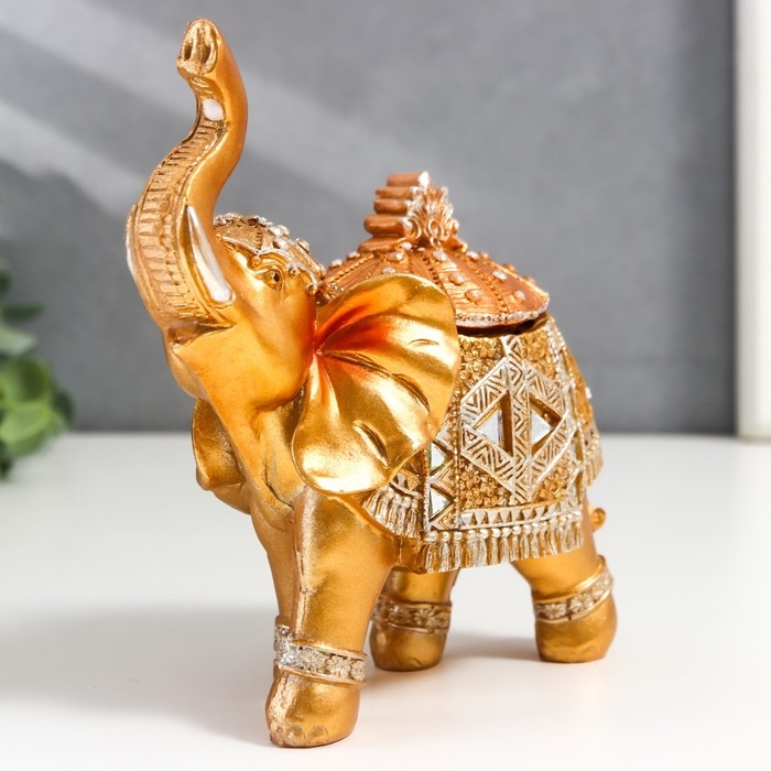 Шкатулка полистоун Шкатулка полистоун "Золотой слон в зеркальной попоне" 15х13,7х6,5 см