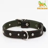 Ошейник комбинированный безразмерный, кожа/брезент, 60&times;3 см, ОШ 30-57 см, чёрный/зелёный