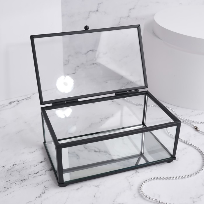 Органайзер для хранения, 1 секция, с крышкой, стеклянный, с зеркальным основанием, 14,5 &times; 8,5 см, цвет прозрачный/чёрный