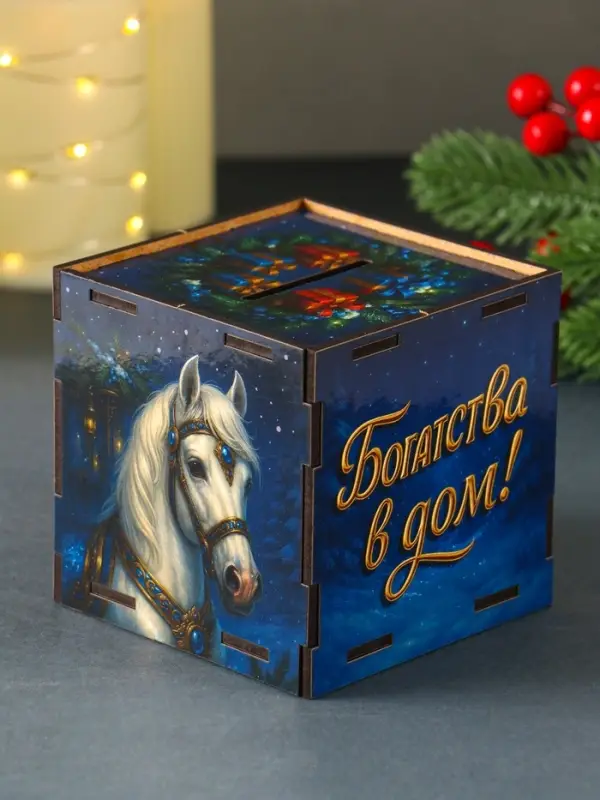 Новогодняя копилка куб "Богатства в дом" 10х10х10 см (набор 7 деталей)