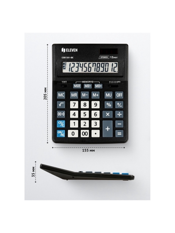 Калькулятор настольный Eleven Business Line CDB1201-BK, 12 разрядов, двойное питание, 155 х 205 х 35мм, черный