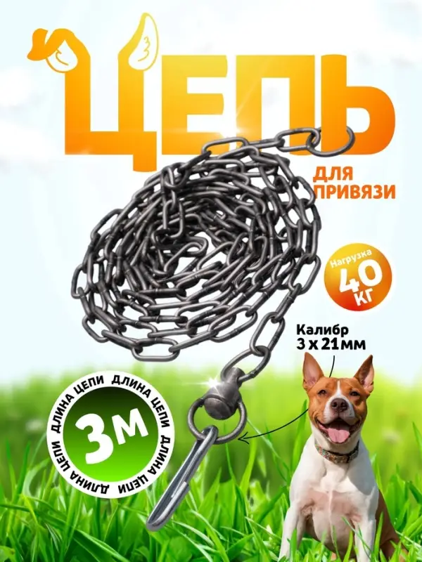 Цепь для привязи собак, 3 м, калибр 3&times;21 мм, черная