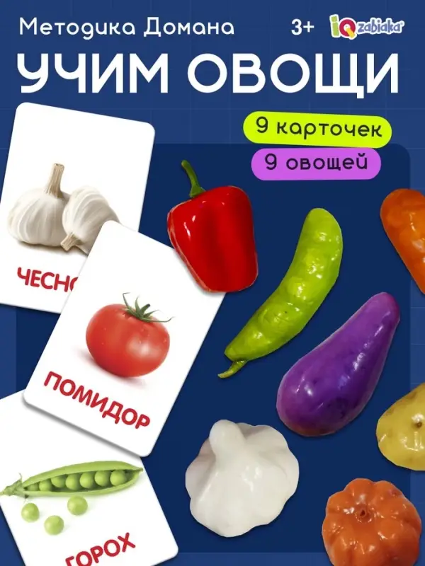 Обучающий набор по методике Г. Домана &laquo;Овощи&raquo;: 9 карточек + 9 овощей, счётный материал